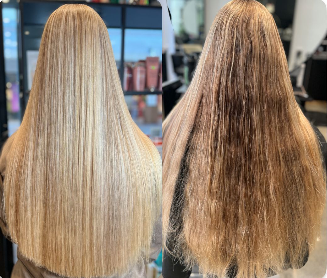Two hair views, blonde hair before and textured brown hair after treatment — Studio 23 In Biggera Waters, QLD