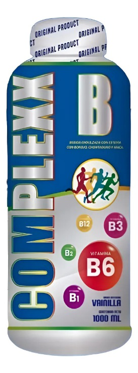 Botella de bebida suplementaria de vitamina B compleja con ilustración de corredores.