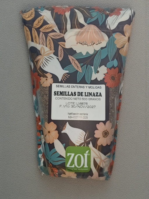 Bolsa de semillas de lino con estampado floral, etiquetada 