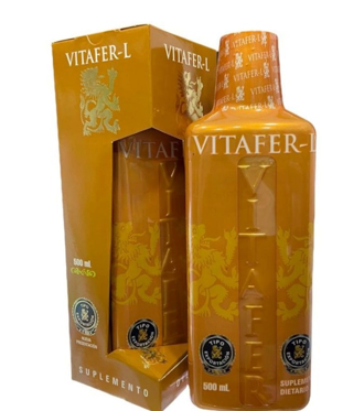 Botella y caja de suplemento Vitaper-L, color naranja y dorado, con el emblema del león.