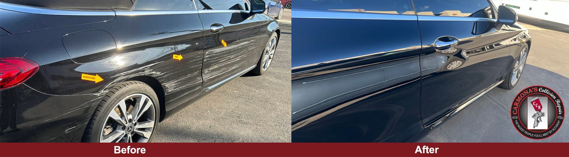 A before and after photo of a black car after it had been damaged in a minor accident.