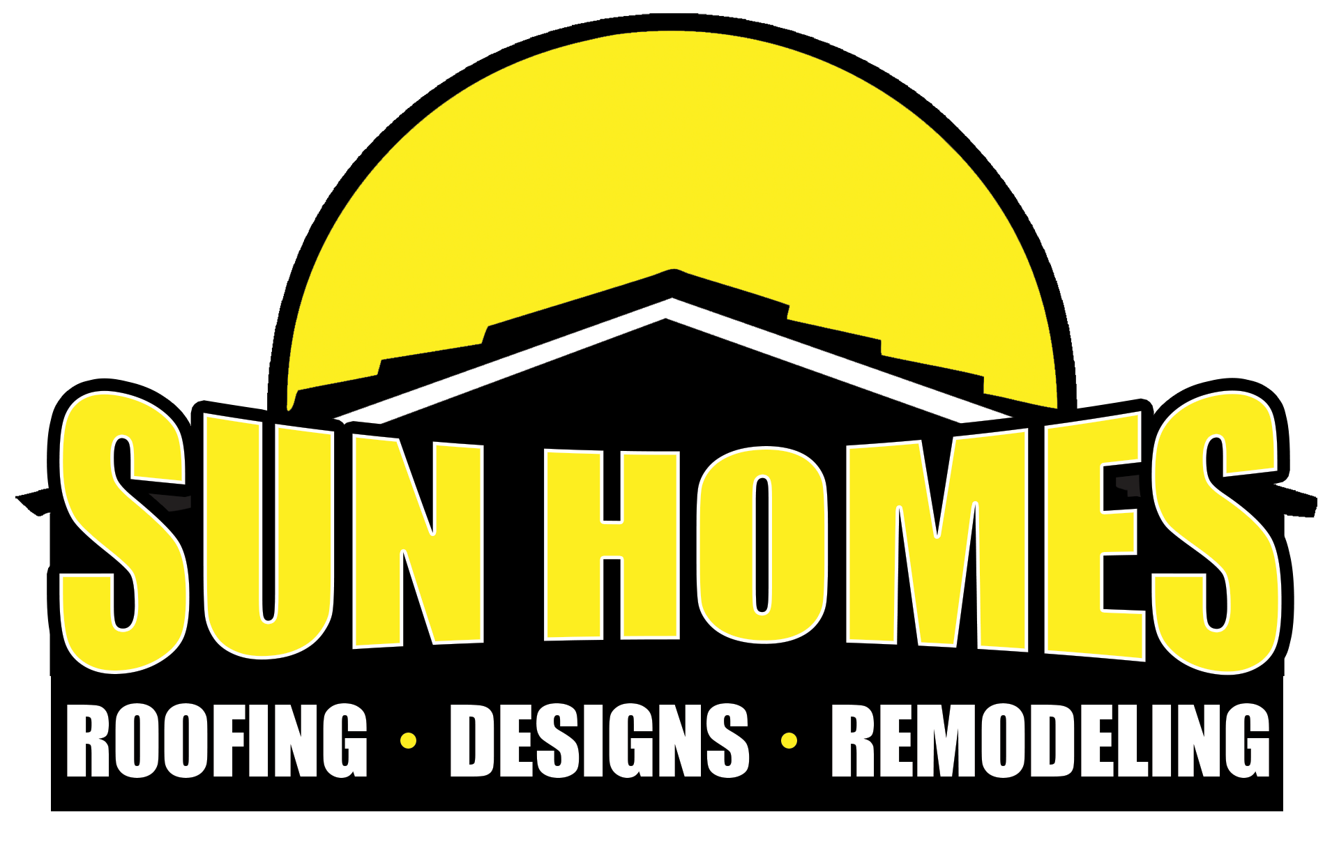 A logo for sun homes roofing , designs , and remodeling.