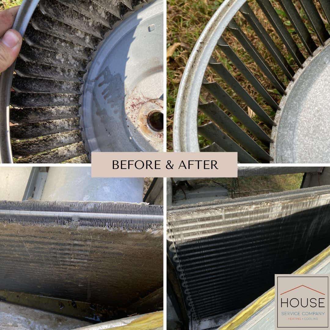 A collage of four pictures of a fan before and after cleaning.