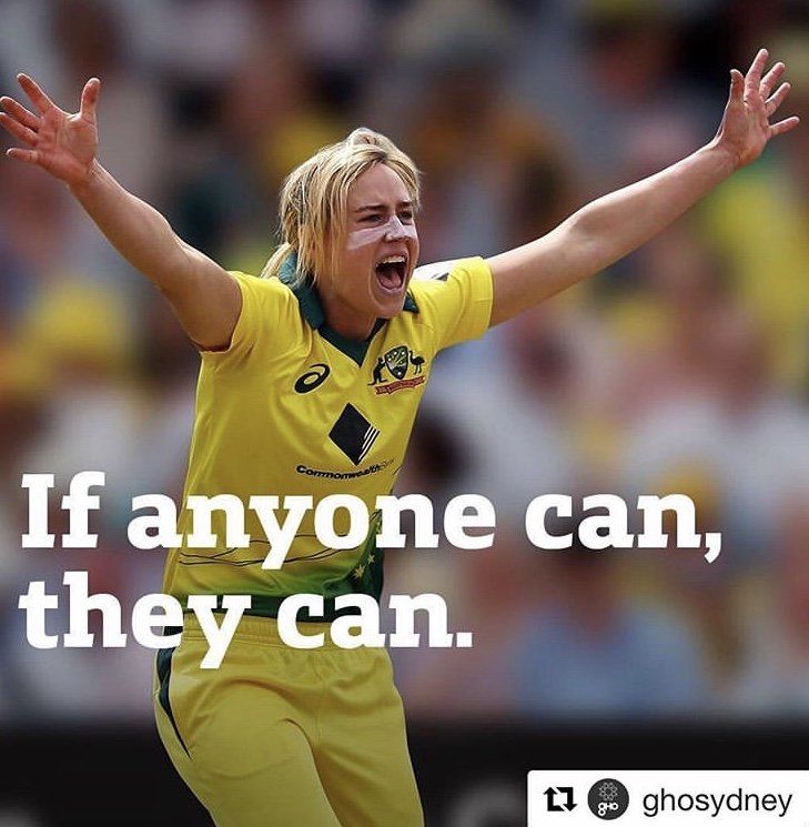 A woman in a yellow shirt with the words if anyone can they can