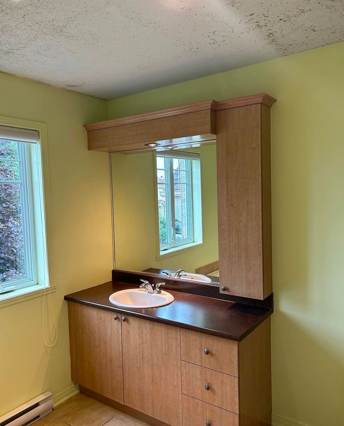 A bathroom with a sink , mirror and cabinets