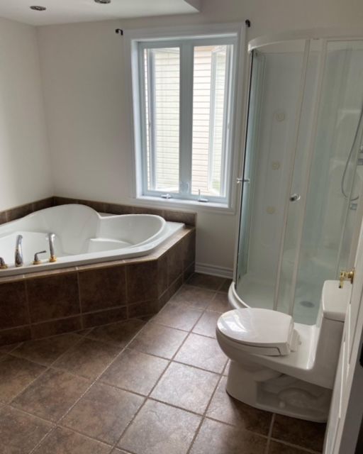 A bathroom with a jacuzzi tub and a toilet