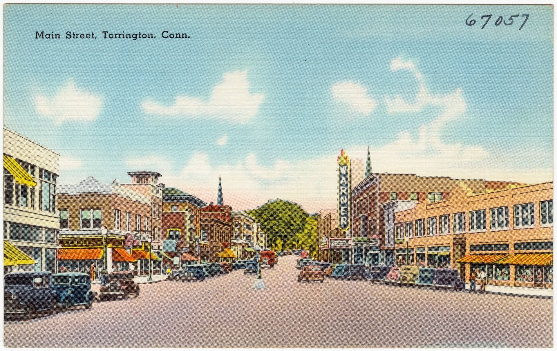 A historic postcard illustration of downtown Torrington, Connecticut.