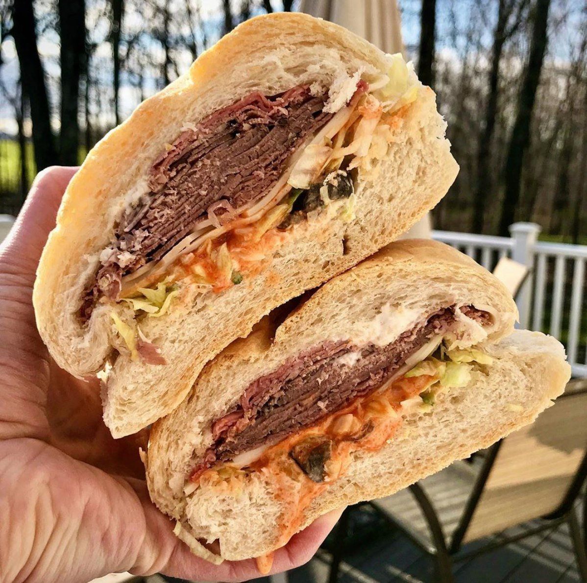 A person is holding a sandwich that has been cut in half.