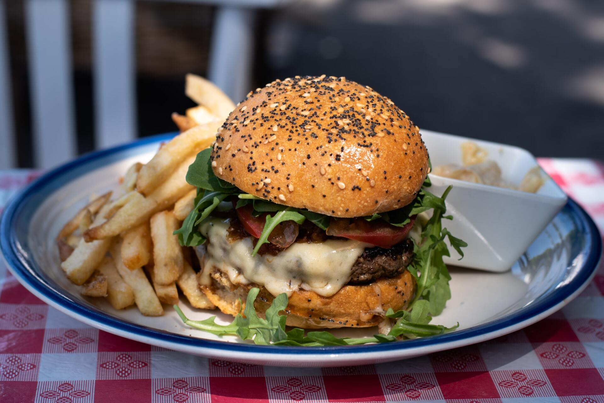 A hamburger and french fries on a plate on a checkered table cloth.