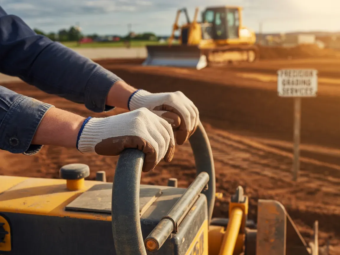 Construction worker using compaction equipment; bulldozer in background.