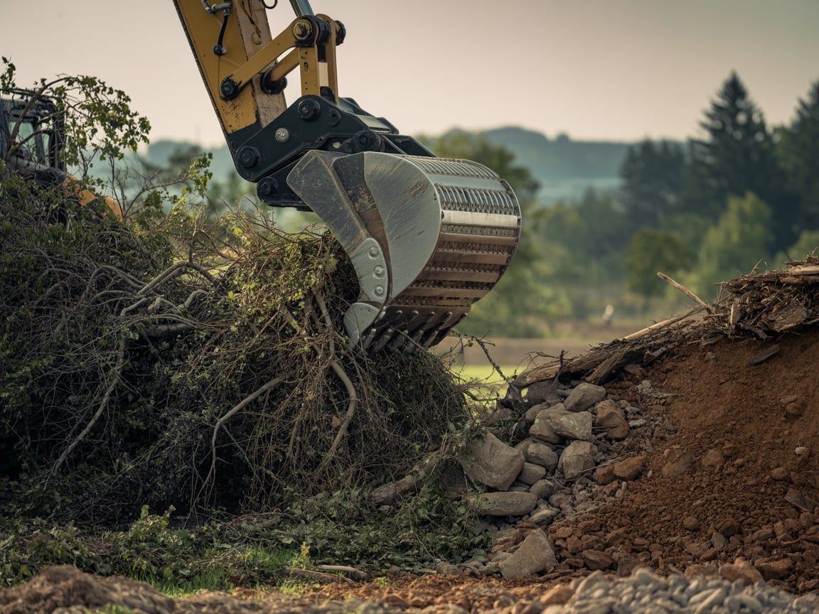 Excavator bucket scooping up brush and debris in a construction site.