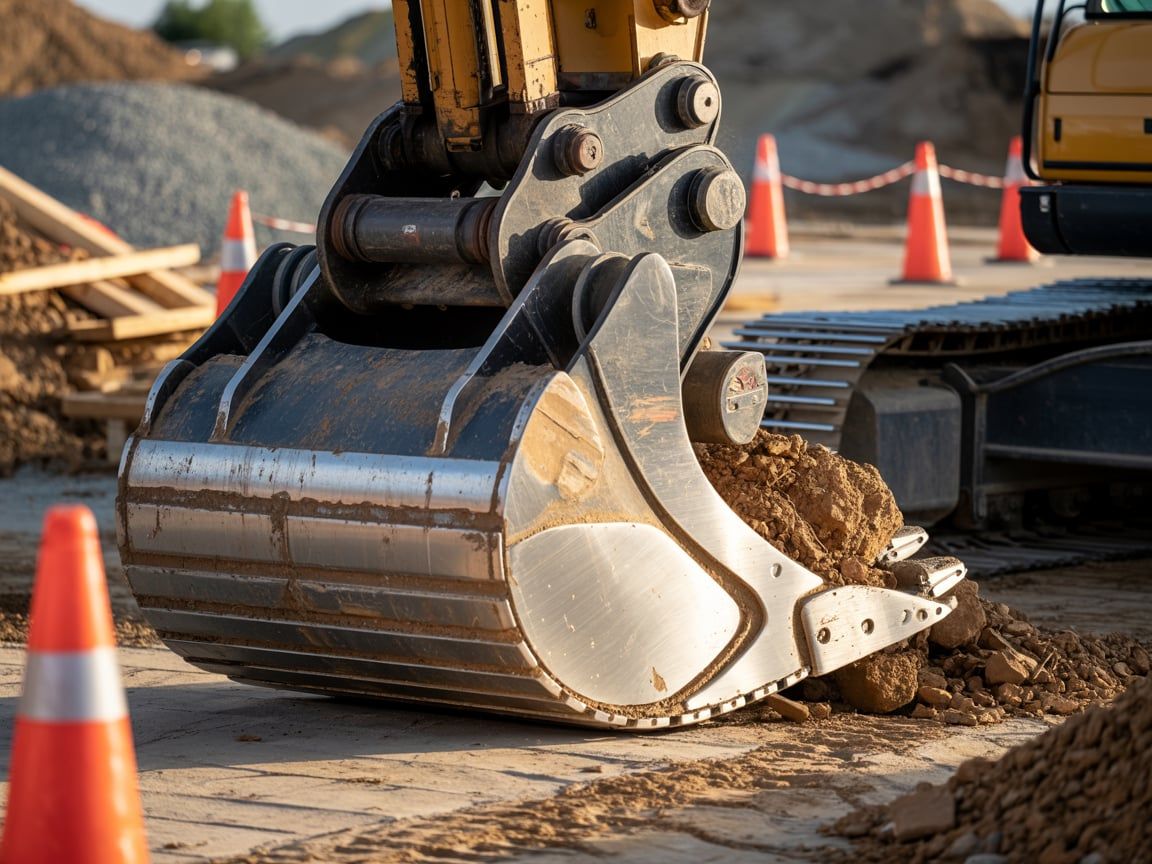 Excavator bucket filled with dirt at a construction site, surrounded by orange cones.