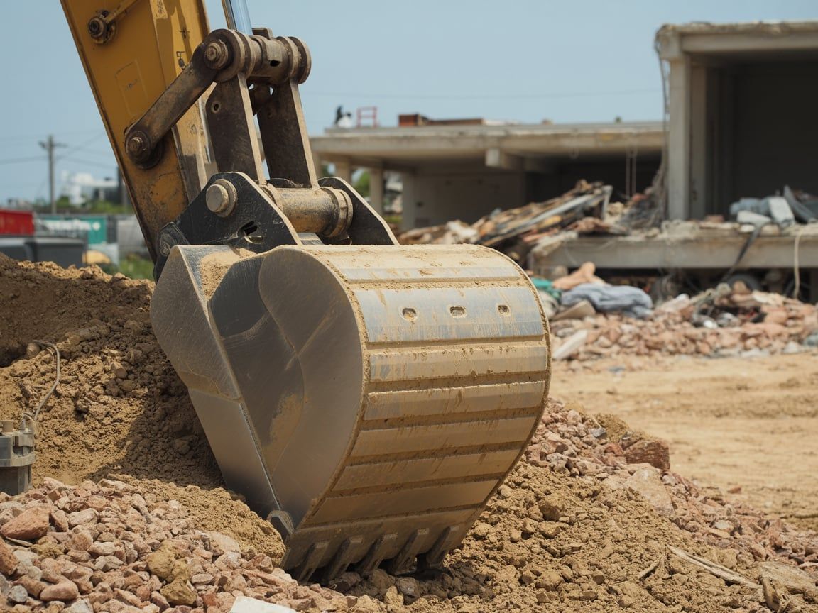 Excavator bucket scooping dirt at a construction site, with demolished building in background.