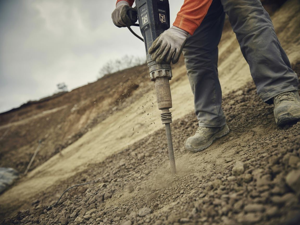Construction worker uses a jackhammer to break up ground on a hillside.