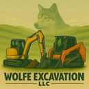 Yellow and orange construction equipment with a wolf silhouette in background; "Wolfe Excavation LLC" logo.