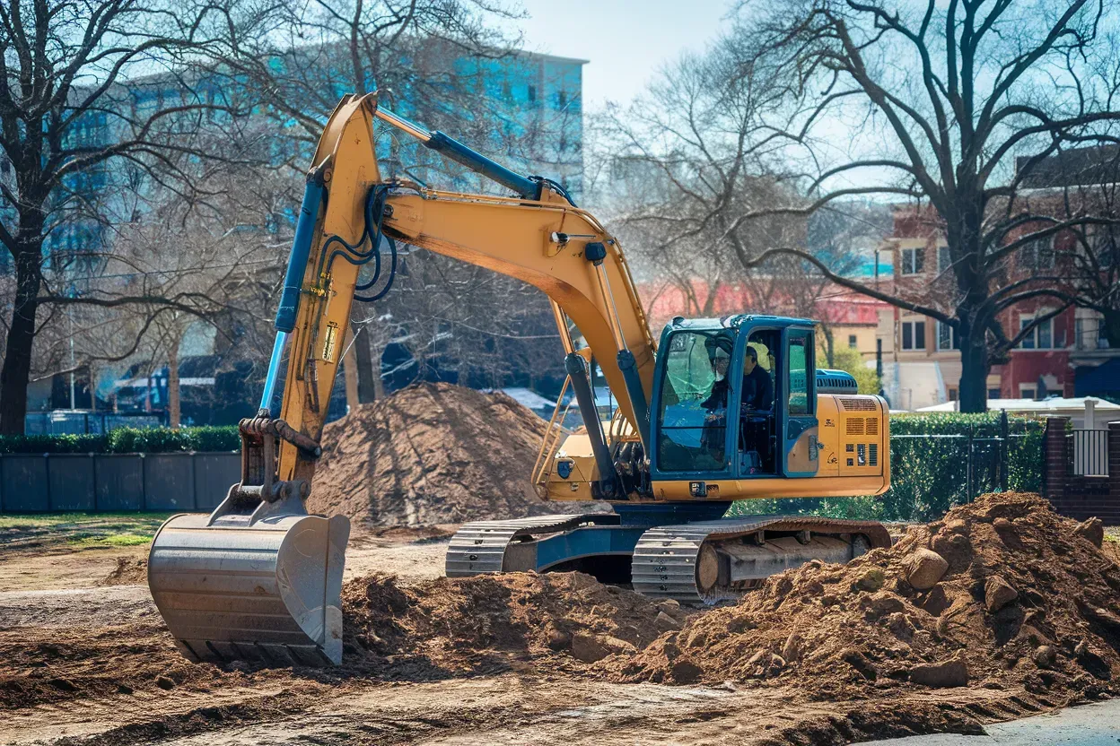A yellow excavator is moving dirt on a construction site.