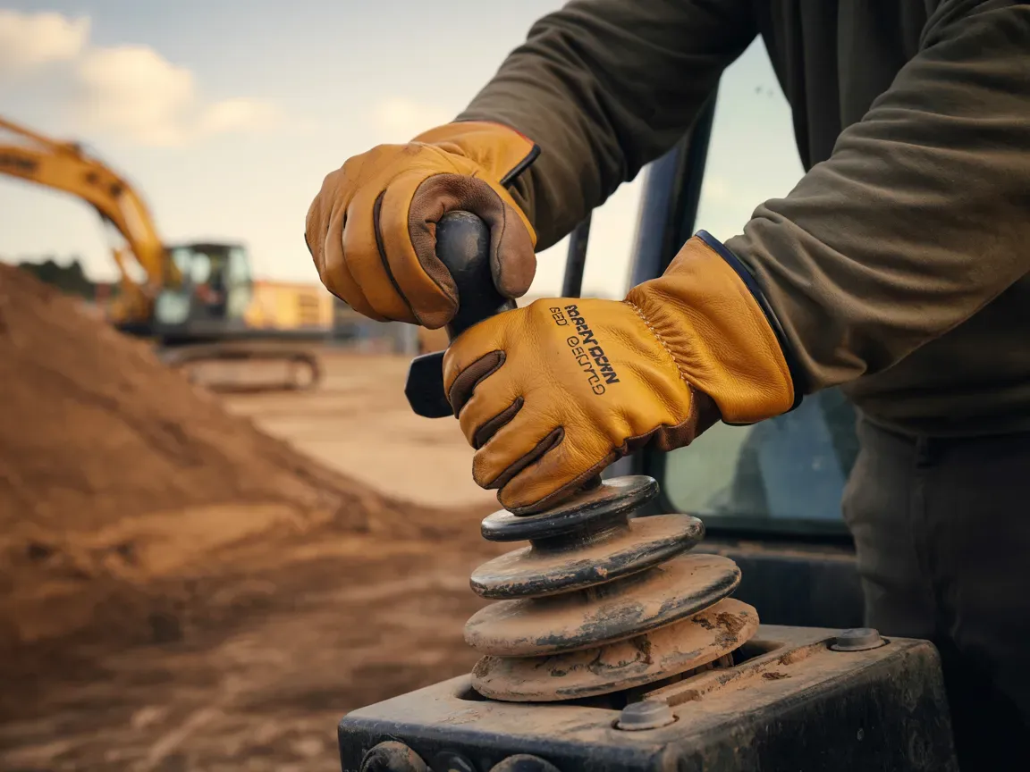 Person in gloves operates machinery at a construction site.