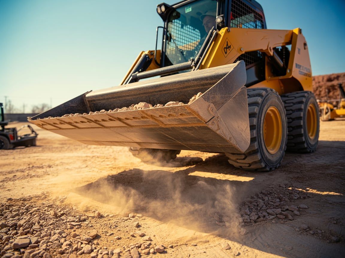 Yellow skid steer loader scraping dirt on a construction site, kicking up dust.