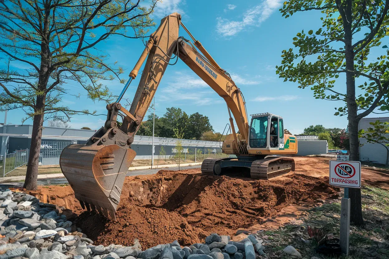 A large excavator is digging a hole in the dirt on a construction site.