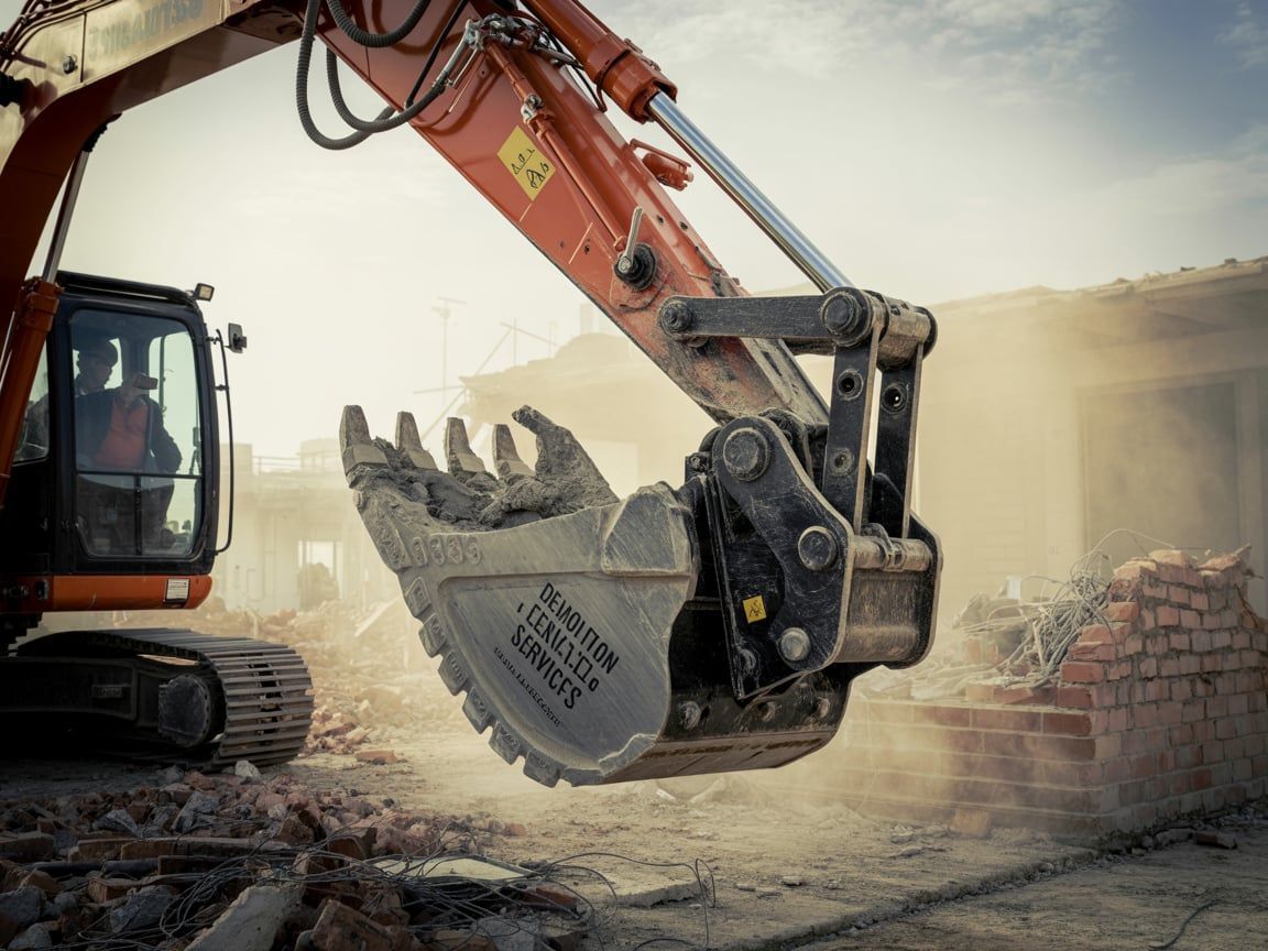 Orange excavator demolishing a building, kicking up dust.
