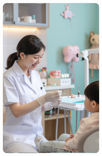 Dentist with gloves showing dental tools to a child patient in a light-blue-walled, friendly-looking dental office.