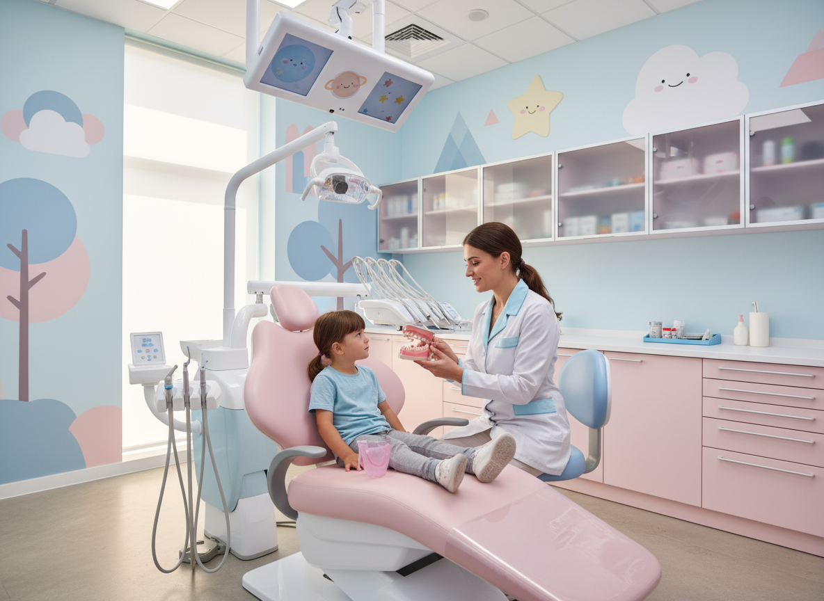 Dentist shows child a dental model in a pastel-colored, child-friendly examination room.
