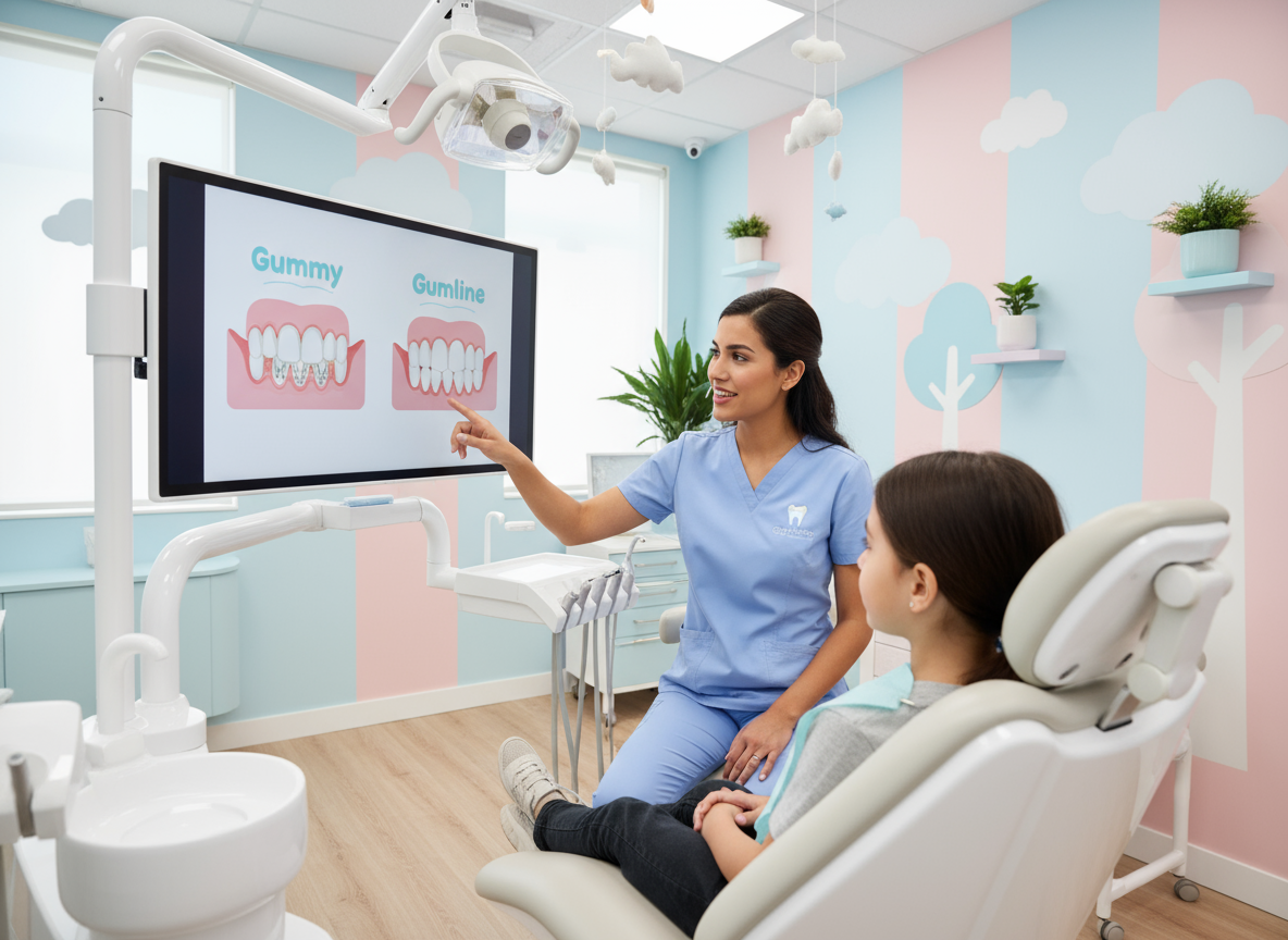 Dentist showing dental illustration on a screen to a patient in a pediatric dental office.
