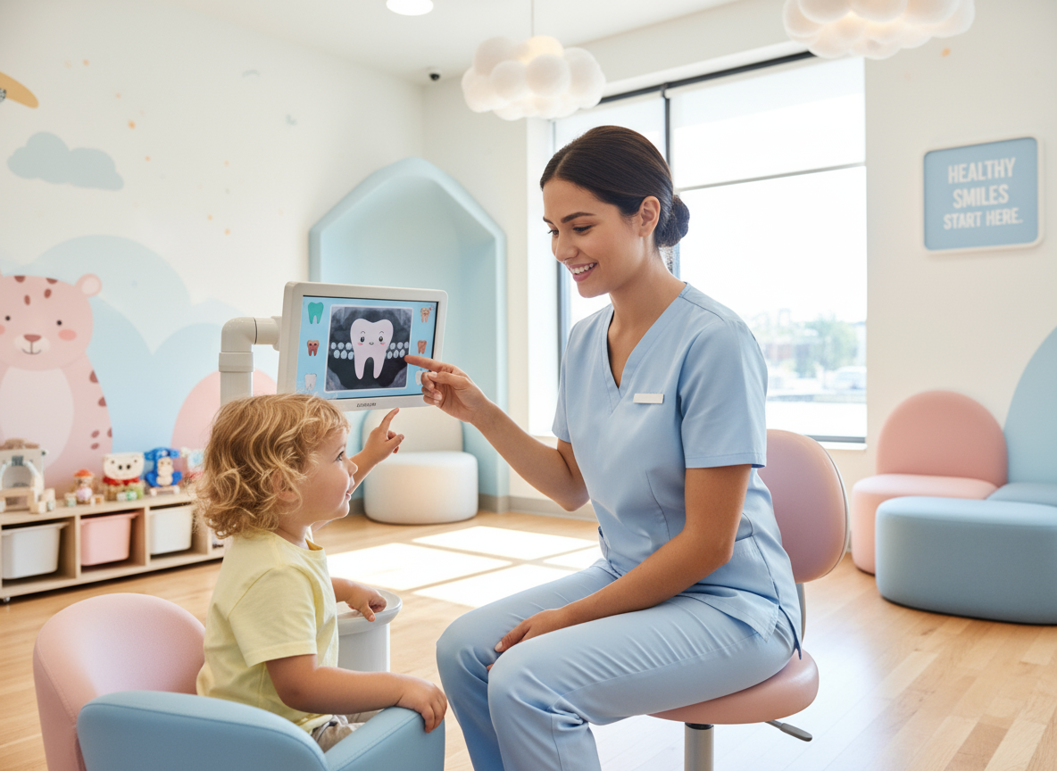 Dentist showing a young child an X-ray on a screen in a colorful dental office.