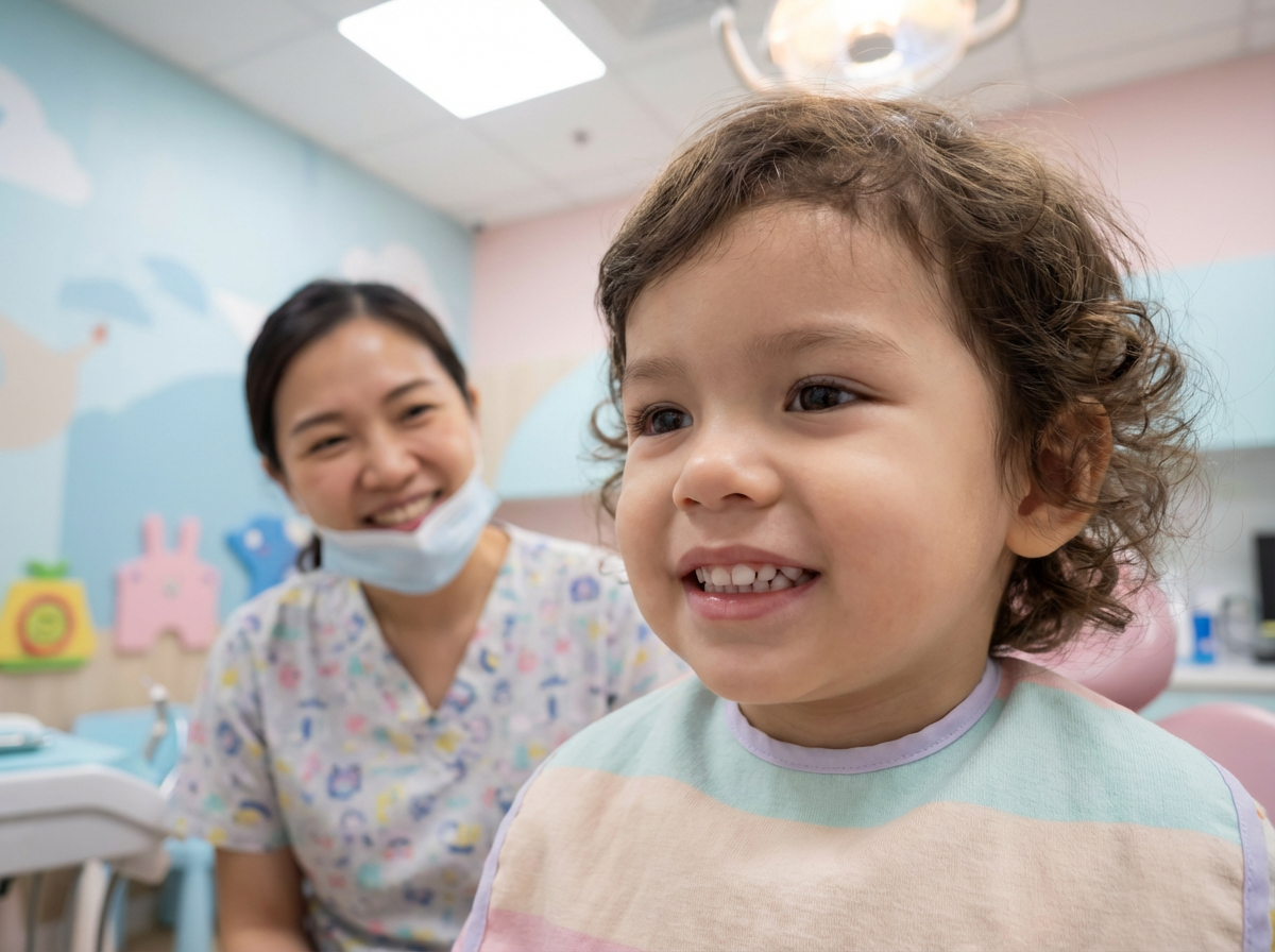 Smiling child in a dental chair with a dentist wearing a mask; dental office.