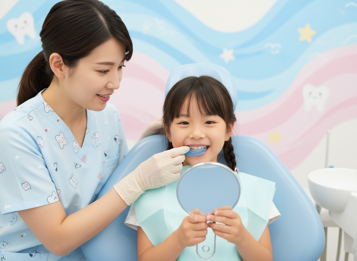 Dentist showing a young child how to brush their teeth in a dental clinic, smiling.