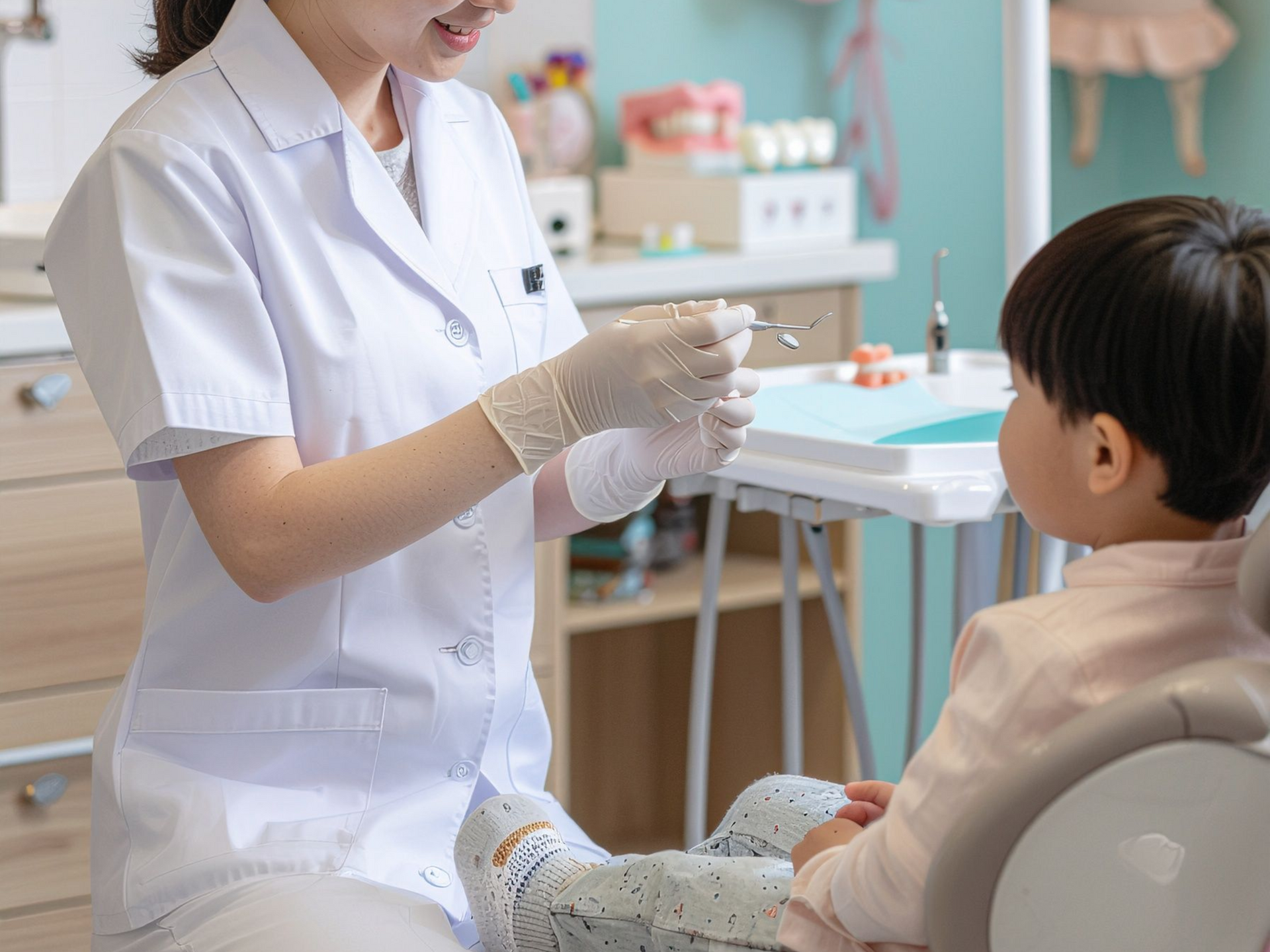 Dentist showing a tool to a child patient in a dental office.