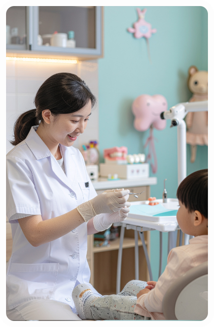 Dentist smiles, holding dental tools, facing a child in a dental chair in a light blue room.