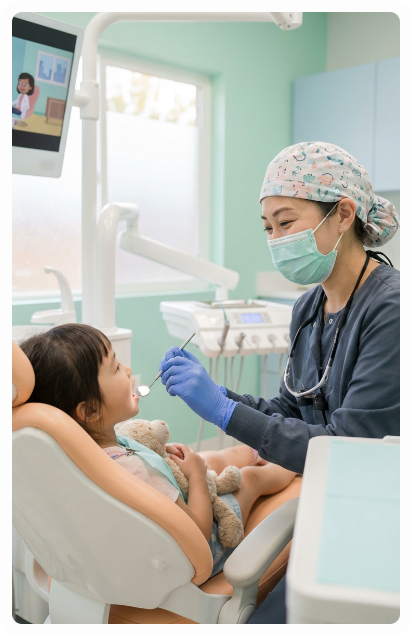 Dentist examining a child's teeth in a dental chair. The dentist wears a mask and gloves, and the child holds a stuffed animal.
