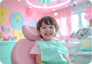 Smiling child in a pink dental chair, wearing a bib, in a pastel-colored dental office.