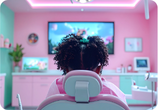 Child in a pink dental chair watches a screen in a colorful dental office.