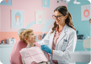 Dentist in white coat smiles at child in chair, wearing bib; pink and blue dental office.