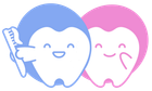 Two cartoon teeth: One brushing, the other smiling.