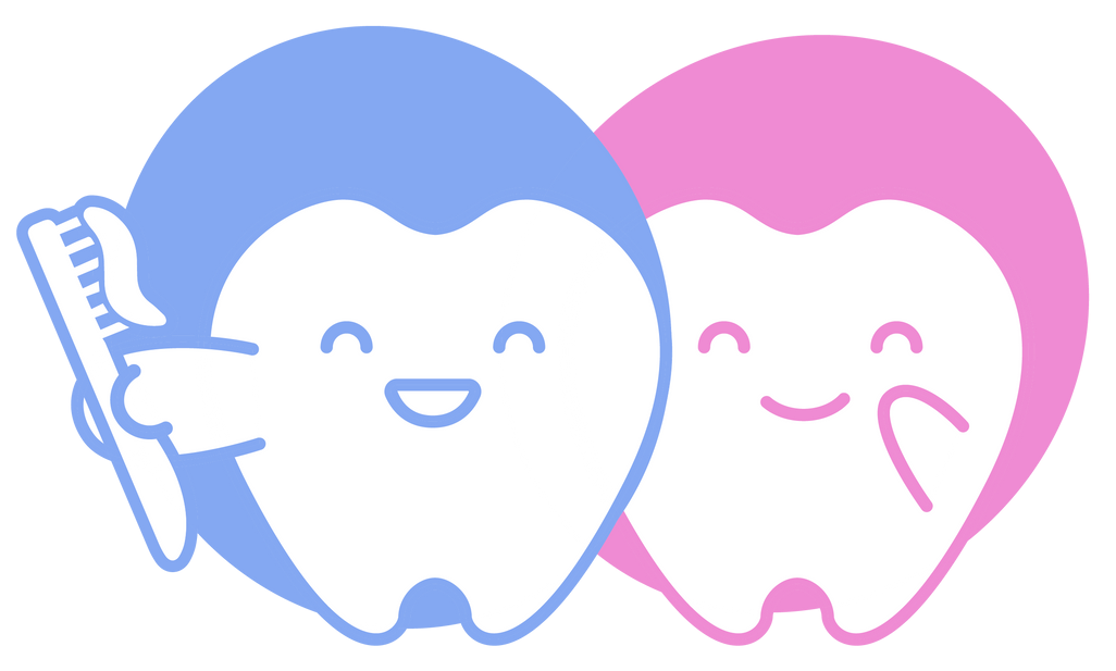 Two cartoon teeth: One brushing, the other smiling.
