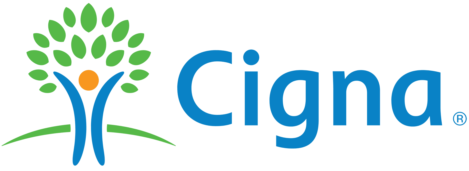Cigna logo: Green tree symbol with person, blue text 