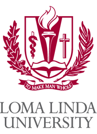 Loma Linda University logo: maroon shield with a torch, caduceus, and cross, surrounded by laurel, text below: 