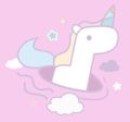 Unicorn emerging from a hole in a pink background, surrounded by clouds and stars.