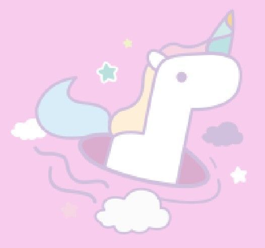 Unicorn emerging from a hole in a pink background, surrounded by clouds and stars.