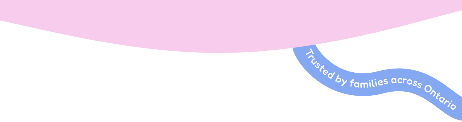 A light pink curved shape above a blue wavy banner reading