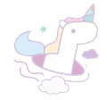 A cute, pastel-colored unicorn floaty drifting among stylized clouds and a small star.