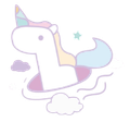 Cartoon unicorn floating in water, pastel colors.