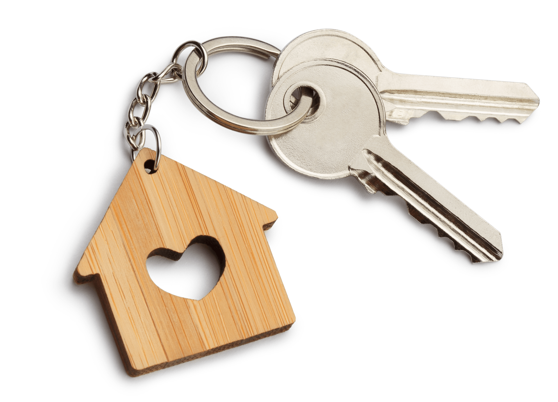 a house keychain with a heart cut out of it