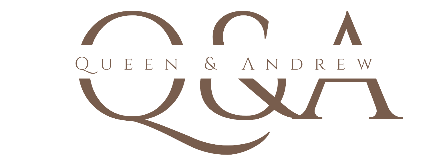 a logo for queen and andrew is shown on a white background .