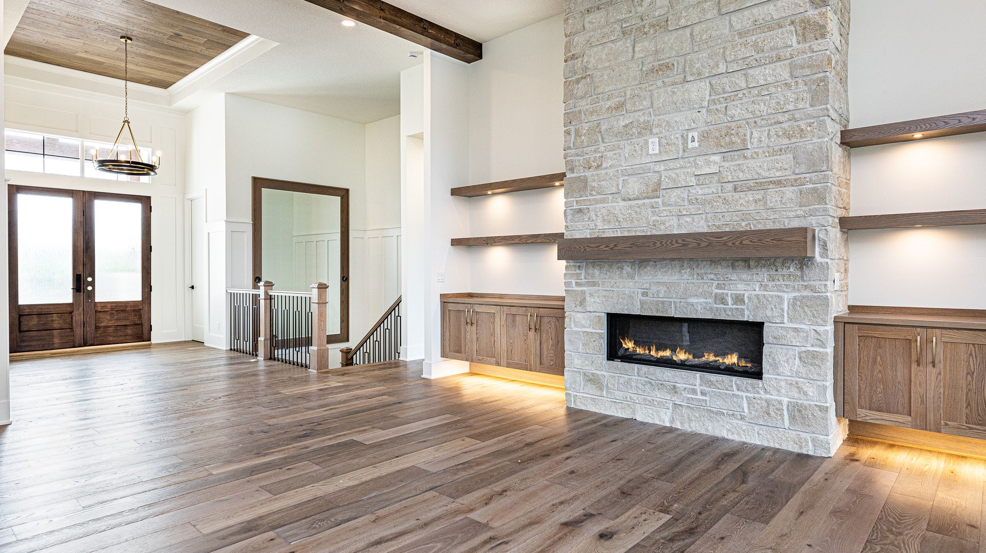 There is a fireplace in the middle of the room.