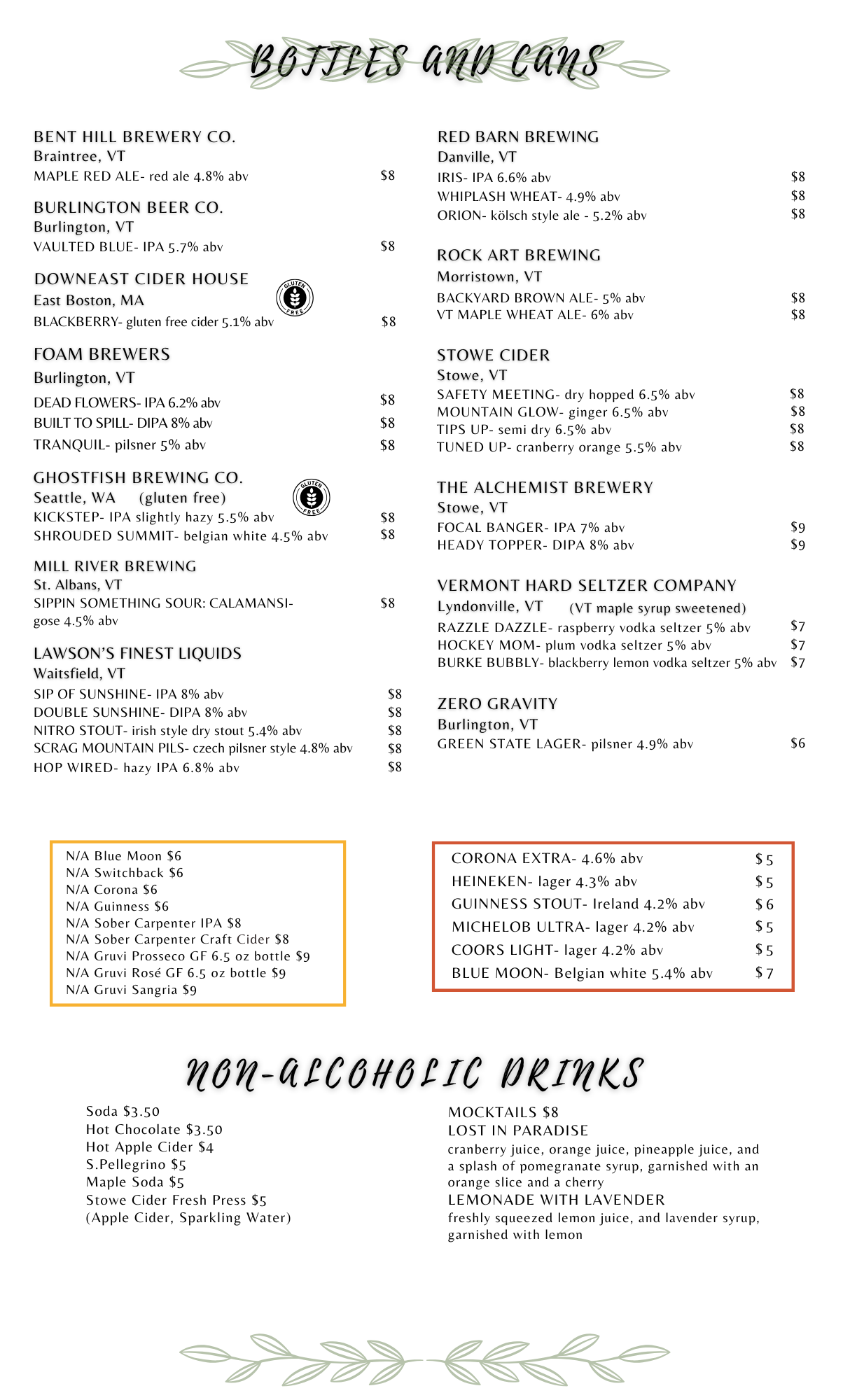 Flyer-style menu with two columns of text, small icons, and green decorative accents on a white background