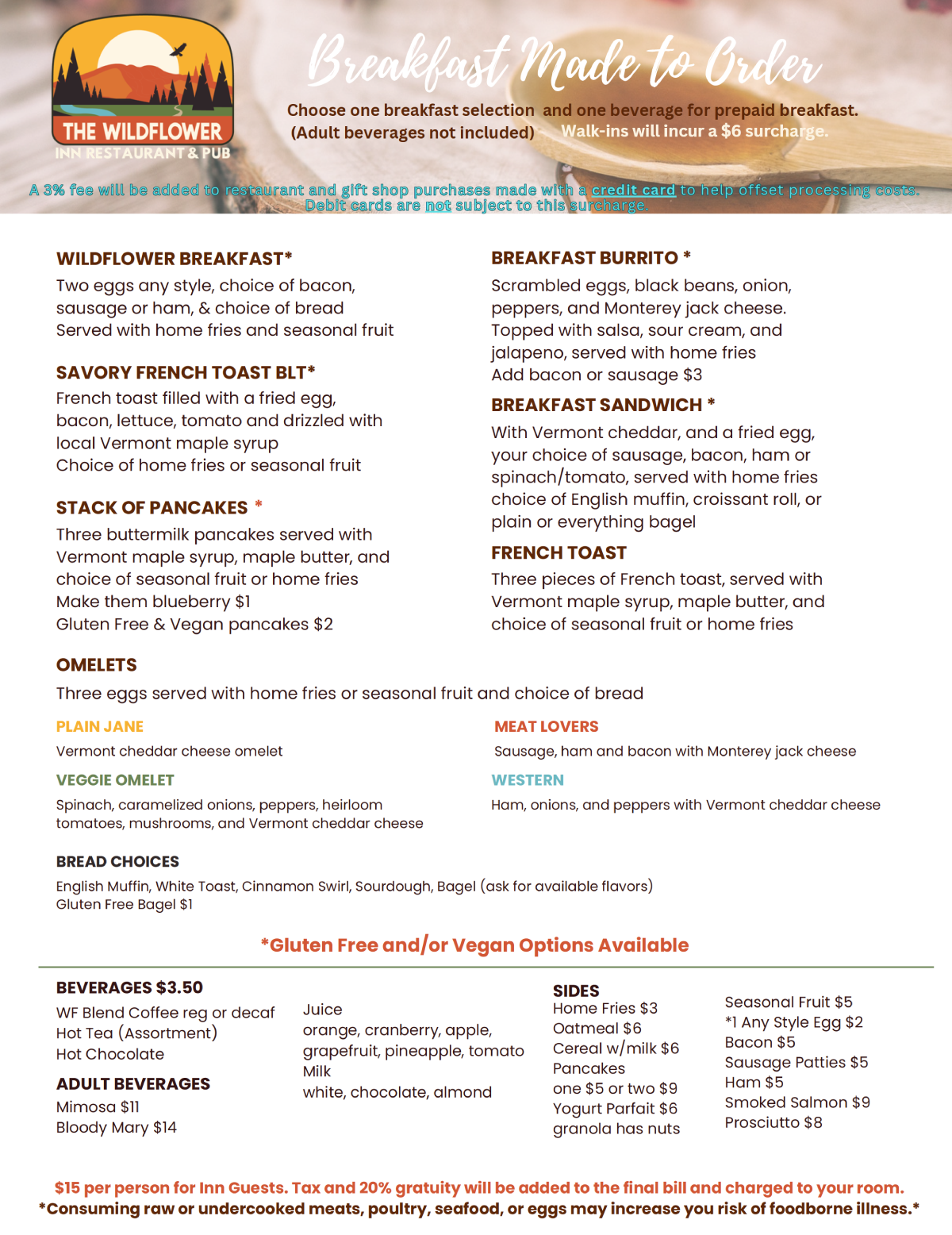 Breakfast menu flyer with orange header, restaurant logo, and two-column list of dishes and prices